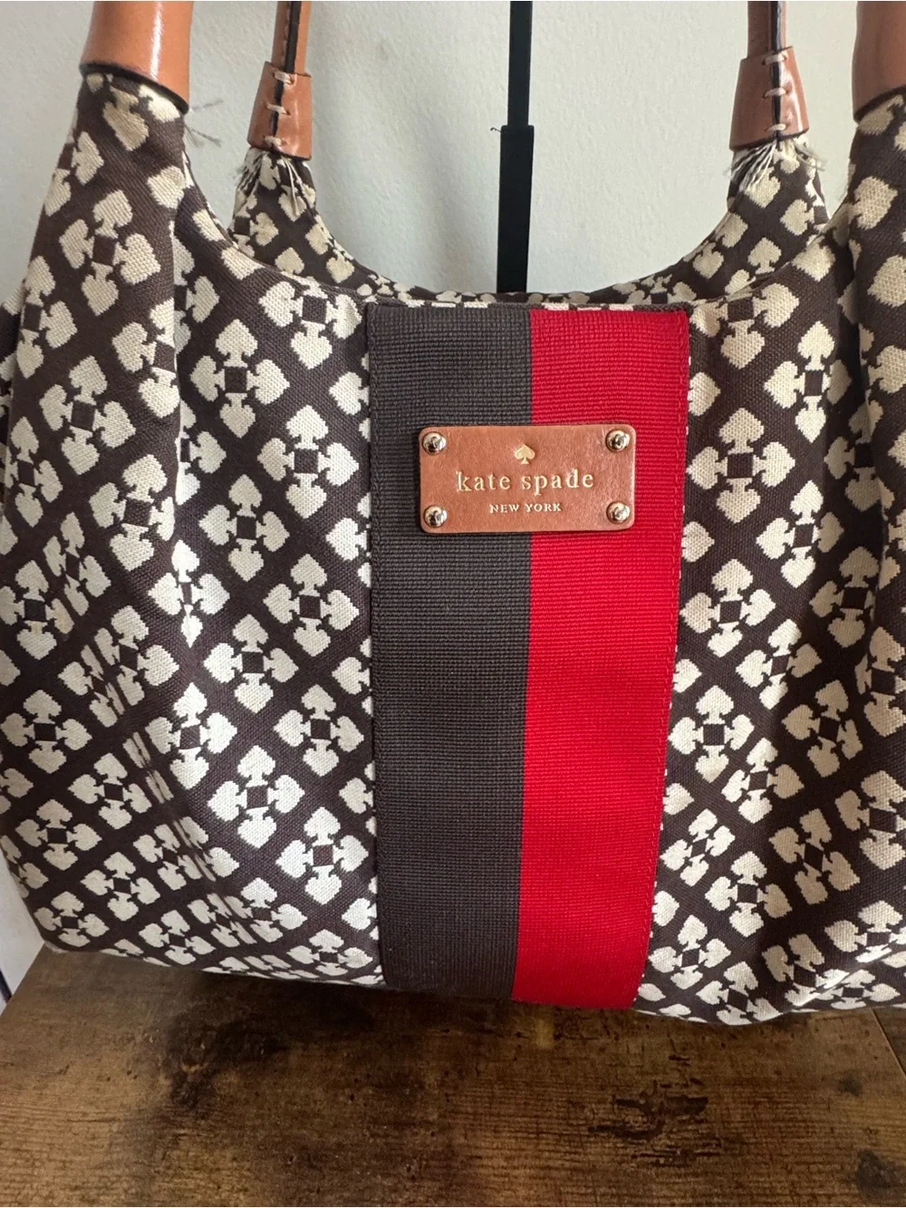 Kate Spade Brown, Cream & Red Patterned Tote with Tan Handles